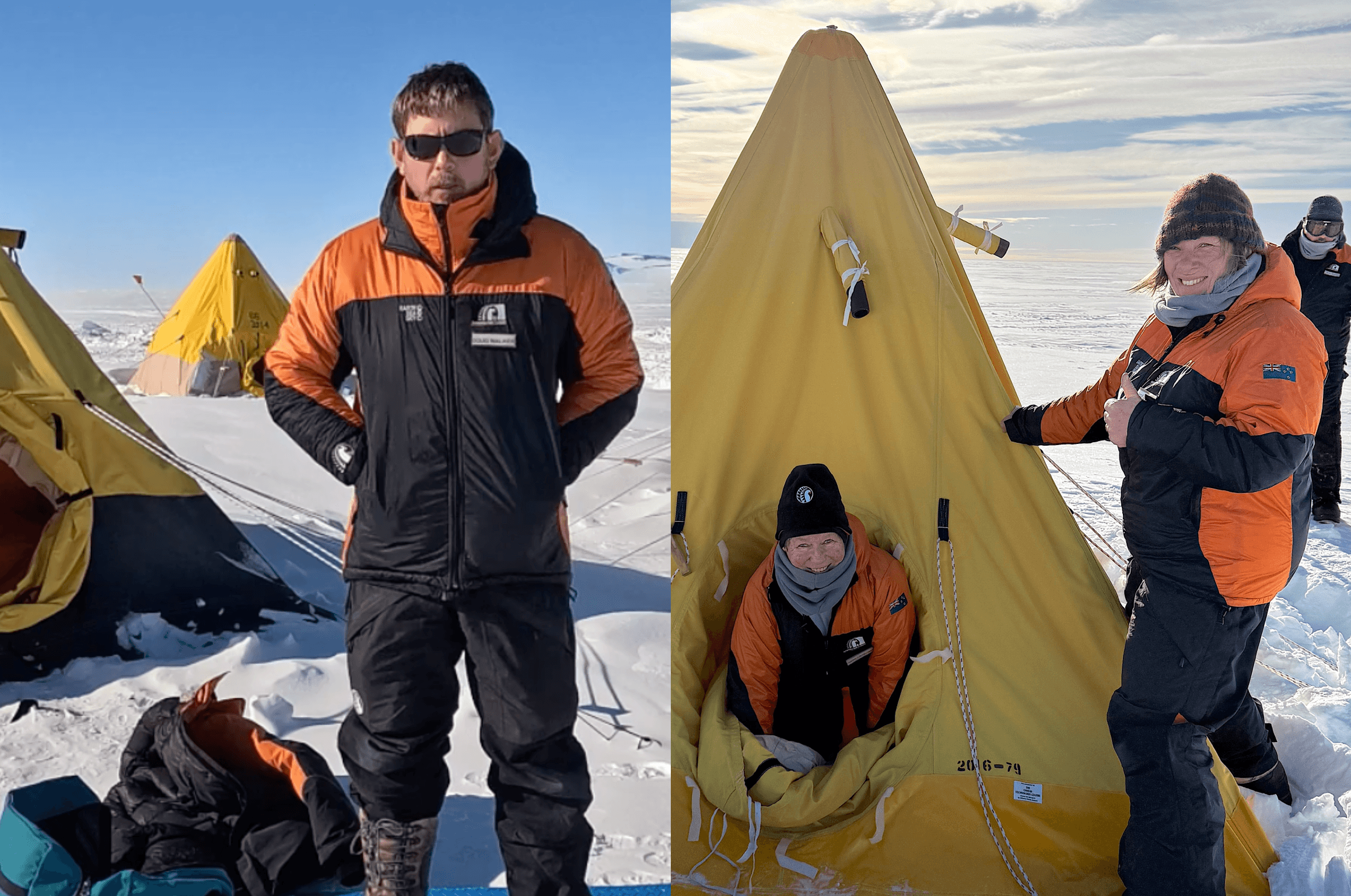 A collage of two images showing three teachers and tents on the ice in Antarctica.