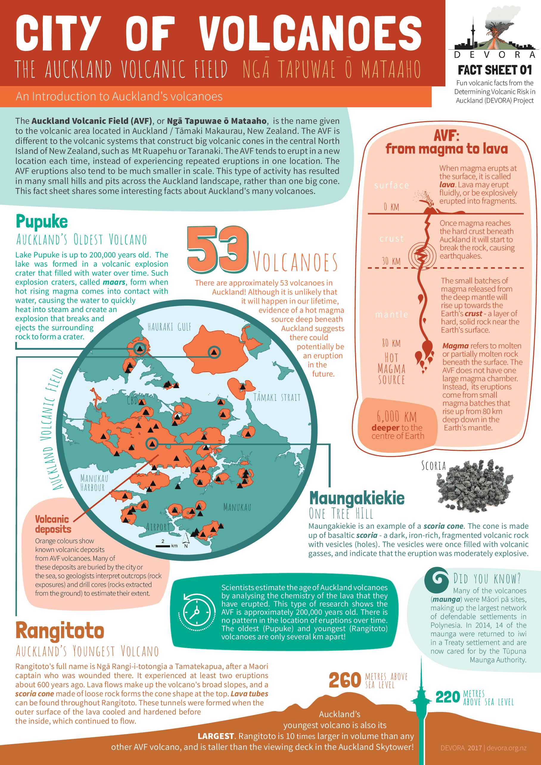 Infographic with diagrams and text showing volcanic deposits in the Auckland region.