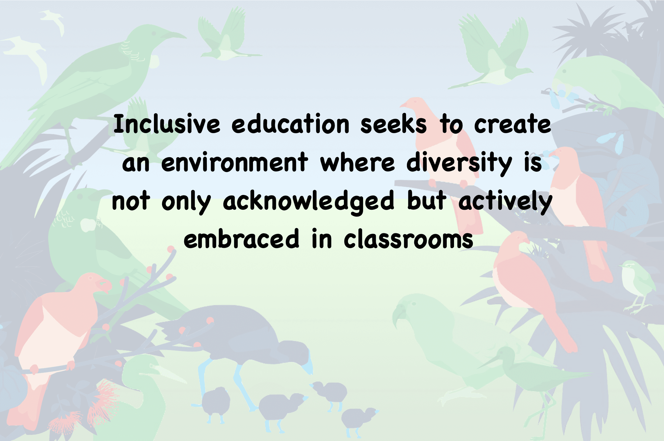 A quote on inclusive education and shift in practice with birds illustrations in the background.